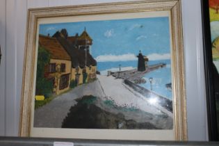 An impressionist style painting of a coastal scene