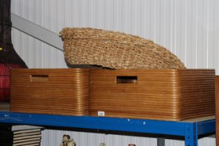 A pair wicker baskets and an oval rope work cat ba