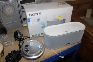 A Sony Active speaker and a Panasonic portable CD