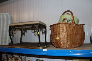 A wicker basket; a waste paper bin; a gilt decorat