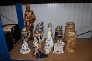 Two Hillstonia pottery jug; various beer steins; figure groups etc