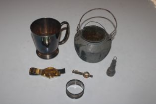 A glue pot; a Mappin & Webb silver plated half pin