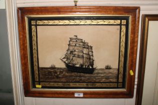 Paul Jones, 19th Century reverse painting on glass depicting sailing vessels in maple frame