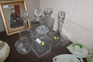 Various cut and etched glass decanters and a cut g