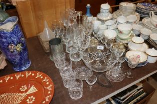 A collection of various table glassware, plated ca