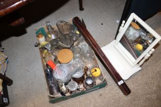 A tray box containing a cello bow case, various glass and other tankards, swing toilet mirror etc.