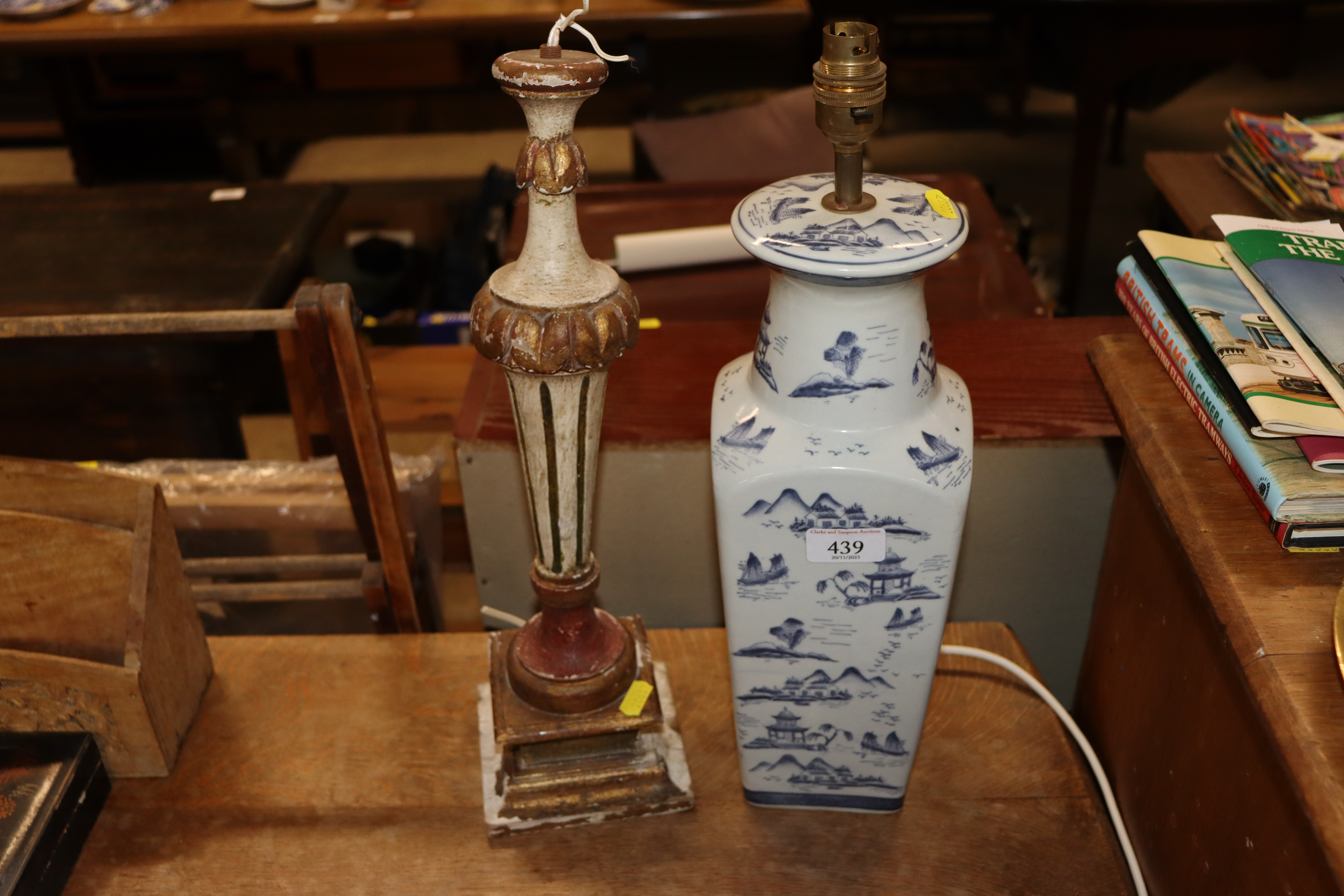 An Oriental blue and white baluster table lamp; an