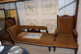 An Edwardian three piece parlour suite (one chair