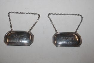 Two silver decanter labels for "Port" and "Claret"