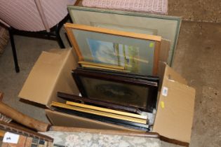 A box of miscellaneous watercolours, prints and ph