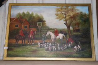 Oil on canvas, study of a hunt meet in gilt frame