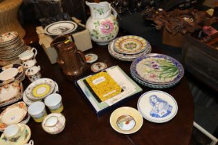 A collection of various decorative china plates; a