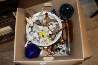 A box containing various porcelain and glass ornam
