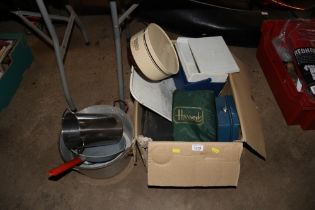 A box containing various kitchenalia, preserve pan