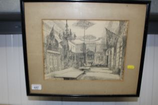 A framed black and white print of 'The Long Room,