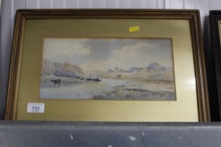 A gilt framed watercolour study of cattle watering