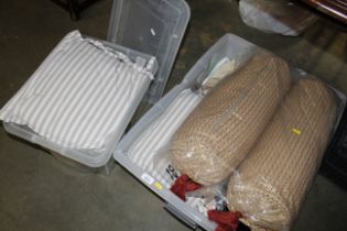 Two boxes of linen and cushions