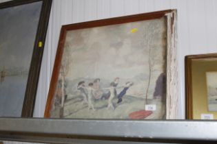 A framed coloured print depicting females dancing