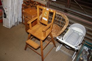 A high chair and a wicker chair