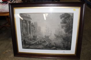 An oak framed black and white print depicting a ha