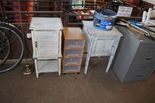 A white painted bedside cupboard; a painted pot cu