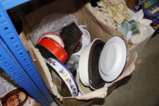 A box of various sundries to include enamel ware