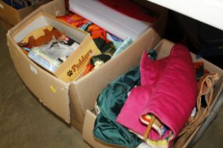 Two boxes of various textiles etc