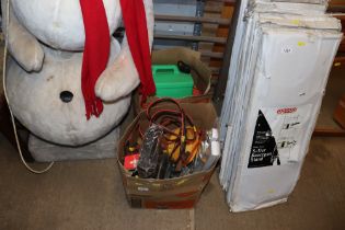 Two boxes containing various tools; a petrol can;