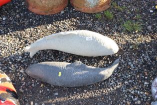 Two concrete garden ornaments in the form of Koi c