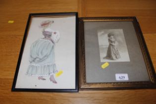 A framed sketch of a lady and a black and white ph