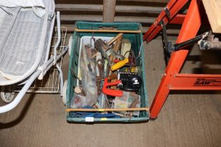 A plastic box and contents of various tools and fi