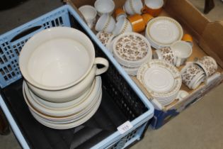 Two boxes of various patterned teaware, chamber po