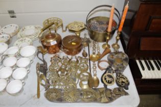 A collection of brass and copper to include a pres