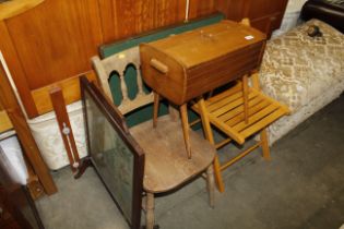 A sewing box and contents, folding card table, fol