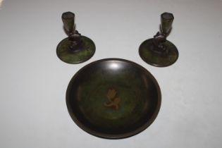 A pair of Danish bronze candlesticks, marked to ba