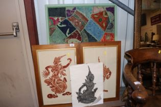 A quantity of Eastern framed pictures and embroide