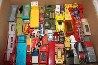 A box of die-cast model vehicles including Matchbo