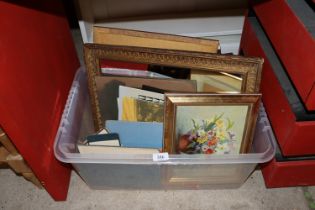 A box containing gilt framed mirror, oil on board