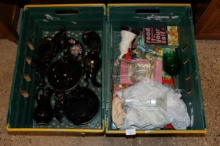 Two plastic crates of china and glassware; Lady Bi