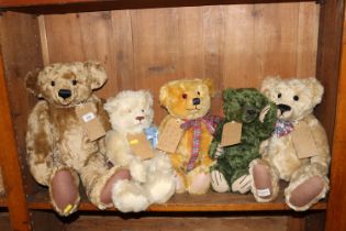 Five teddy bears, all jointed, some with growler,
