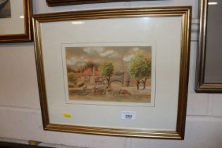 A framed and glazed watercolour study indistinctly