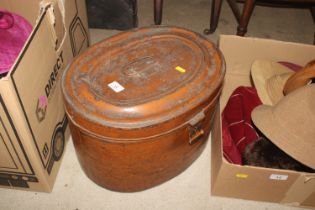 An oval metal hat box