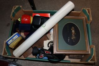 A box containing Match book covers, tins, cameras,