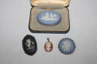 A 9ct gold mounted cameo pendant AF and three Wedg