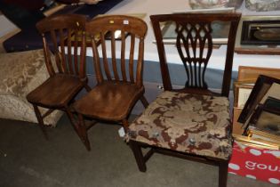 Two elm seated slat back chairs and a Chippendale