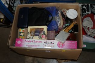 A box of various sundry items including bags etc