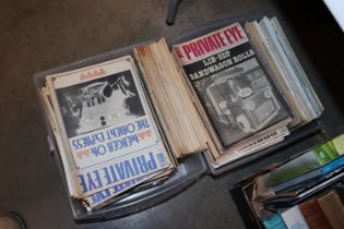 Two plastic crates containing 'Private Eye' magazi