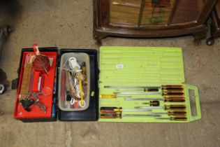 A plastic tool box and contents of various sundry