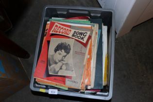 A box of record magazines; sheet music etc