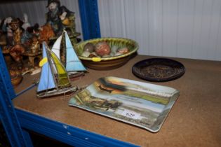 Two stained glass model boats and a collection of onyx and other decorative eggs etc